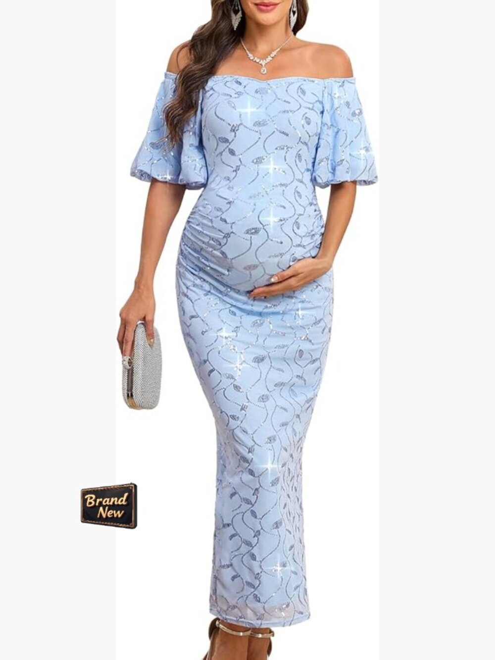 Off Shoulder Sequin Maternity Maxi Dress Ruched Bodycon Formal Evening Gown